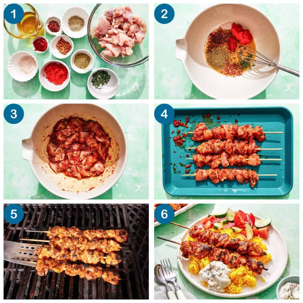 How to make Turkish chicken skewers. Step 1: gather your ingredients, Step 2: make the marinade, Step 3: marinade the chicken, Step 4: thread the chicken onto skewers, Step 5: Grill the chicken, Step 6: finish and serve with your favorite sides.