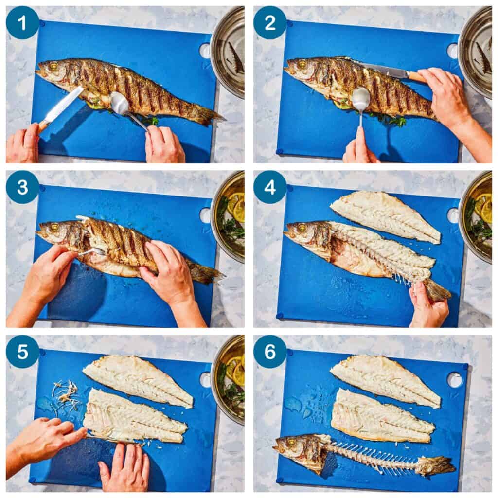 How to fillet a whole grilled branzino. Step 1: remove the fins, Step 2: start to cut the fish, Step 3: remove the stuffing, Step 4: remove the skeleton, Step 5: trim and remove extra bones, Step 6: discard the bones and trimming and proceed with the recipe.