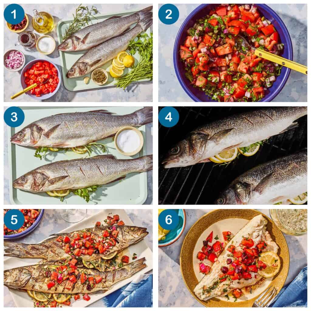 How to make grilled branzino. Step 1: gather your ingredients, Step 2: make the tomato caper salsa, Step 3: prep the fish, Step 4: grill the fish, Step 4: place the grilled whole branzino on a platter and top with the tomato caper salsa, Step 6: fillet the branzino and serve with the tomato caper salsa.