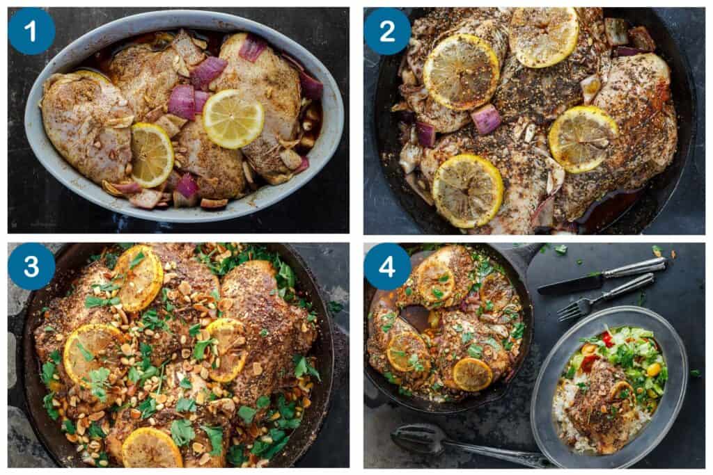 Four steps for making za’atar chicken breast: marinate the chicken, season it in a cast iron skillet, roast, and finish with toasted nuts and parsley.