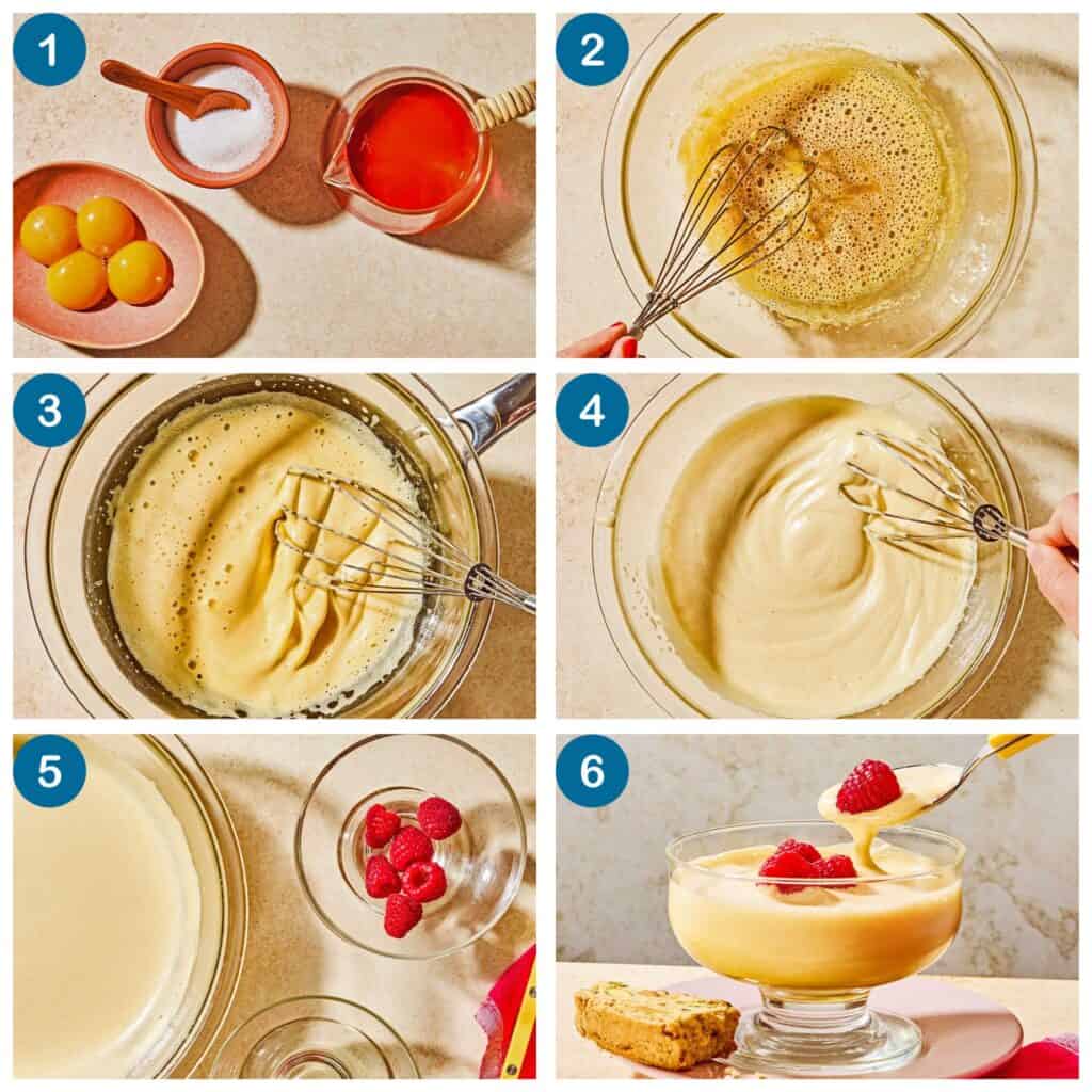 How to make zabaglione. Step 1: gather your ingredients, Step 2: mix the ingredients together, Step 3: cook the custard, Step 4: cool the custard while stirring, Step 5: prep individual bowls for serving, Step 6: finish and serve or chill.