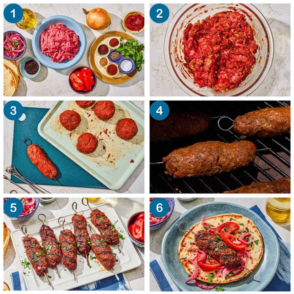 How to make adana kebabs. Step 1: gather your ingredients, Step 2: make the kebab mixture, Step 3: for the kebabs on the skewers, Step 4: grill the kebabs, Step 5: place the grilled kebabs on a platter, Step 5: assemble pita sandwiches with the kebabs and serve.