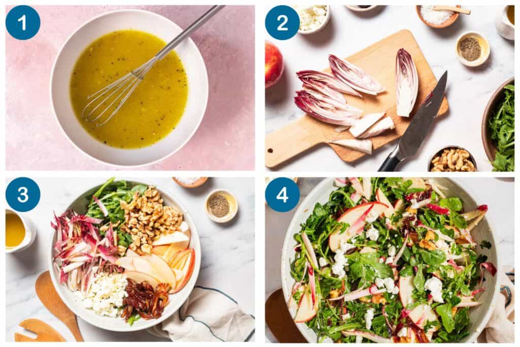 How to make apple walnut salad: make the vinaigrette, slice the endive, combine the ingredients, and toss to serve.