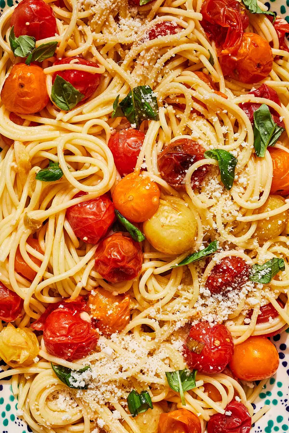 Cherry tomato pasta in a serving bowl.