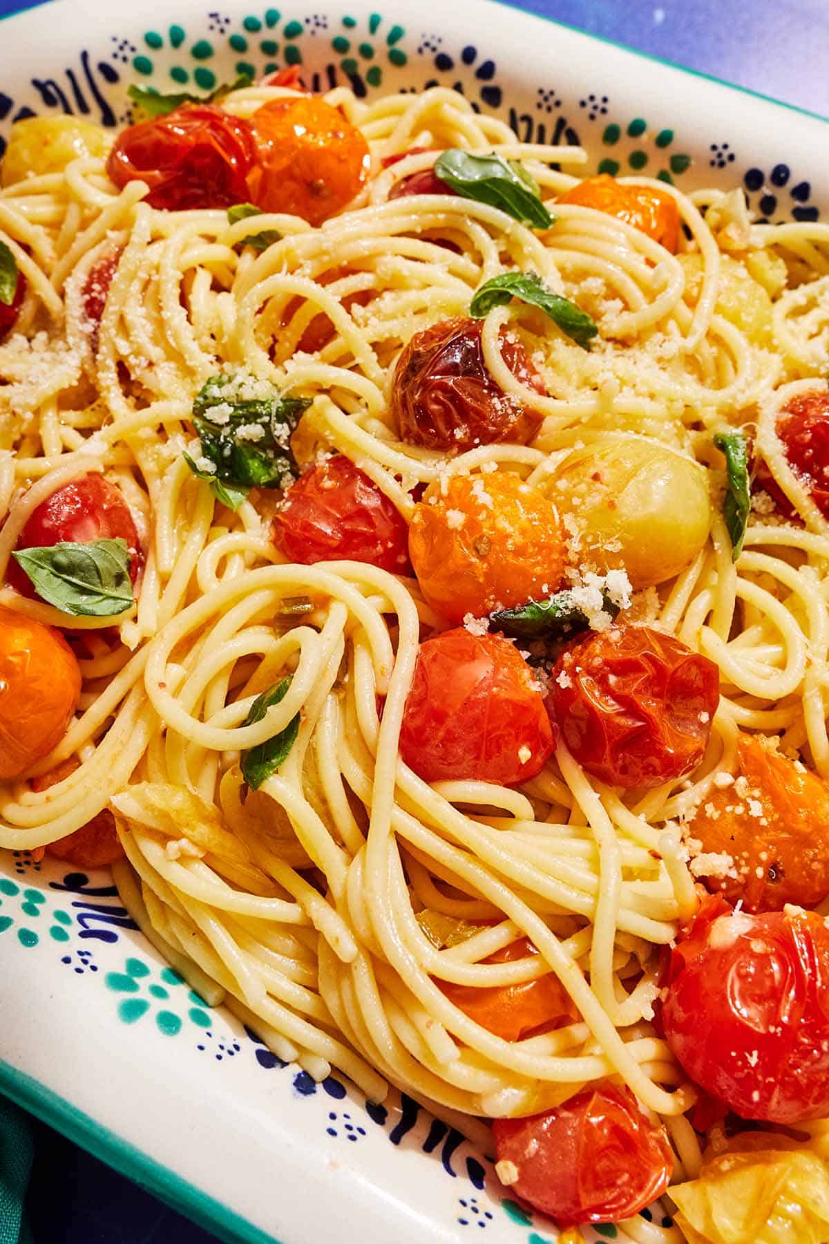 Cherry tomato pasta in a serving bowl.