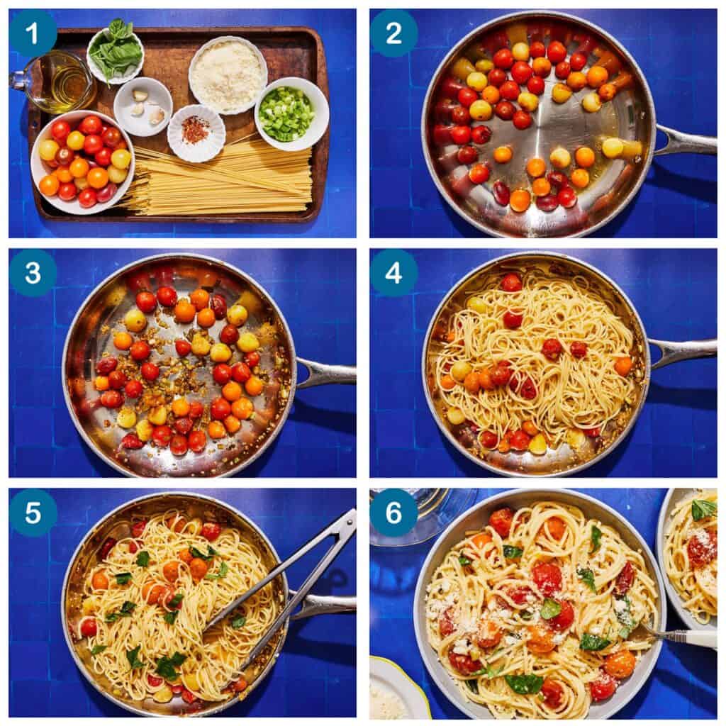 How to make cherry tomato pasta. Step 1: gather your ingredients, Step 2: blister the tomatoes, Step 3: sautée the aromatics, Step 4: add the drained pasta to the skillet, Step 5: stir the ingredients together, Step 6: finish and serve.