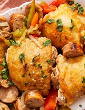 Chicken scarpariello on a platter.