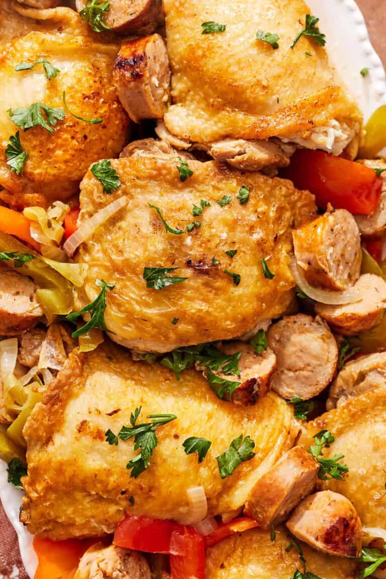 Chicken scarpariello on a platter.