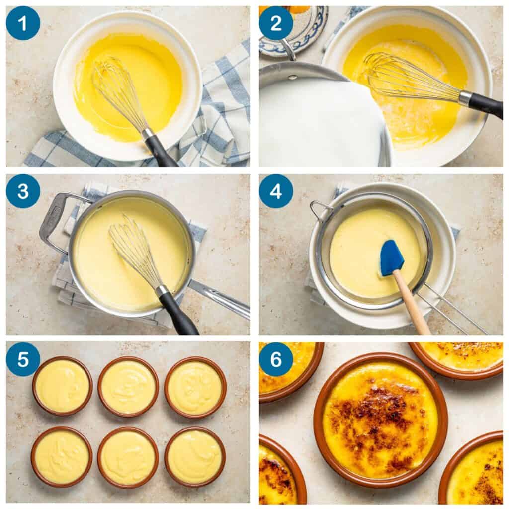 How to make the crema catalana recipe. Step 1: whisk the eggs, Step 2: temper the egg mixture with milk, Step 3: whisk and simmer the custard, Step 4: strain, pour and chill the custard, Step 5: place the custard in individual bowls, Step 6: add sugar to the top of the custard, add a flame to caramelize then serve.
