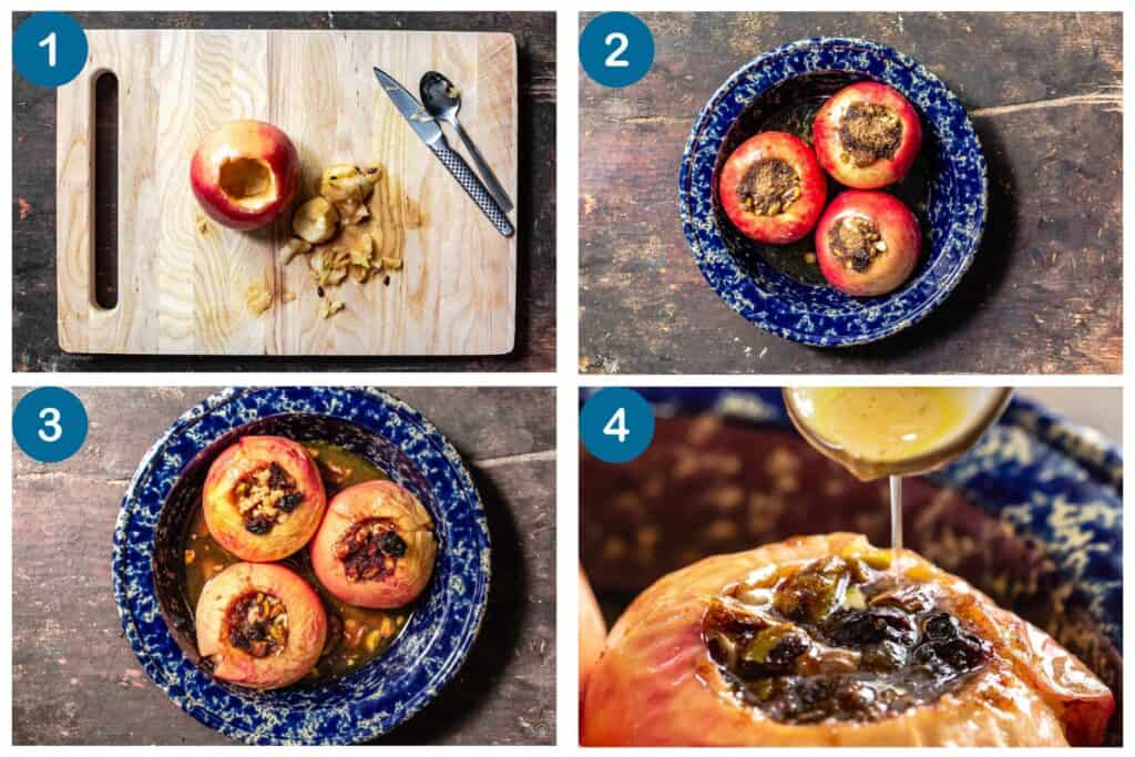 How to make baked apples. Step 1: core the apples, Step 2: stuff the apples, Step 3: Bake the apples, Step 4: baste the apples with the brown sugar sauce and serve.