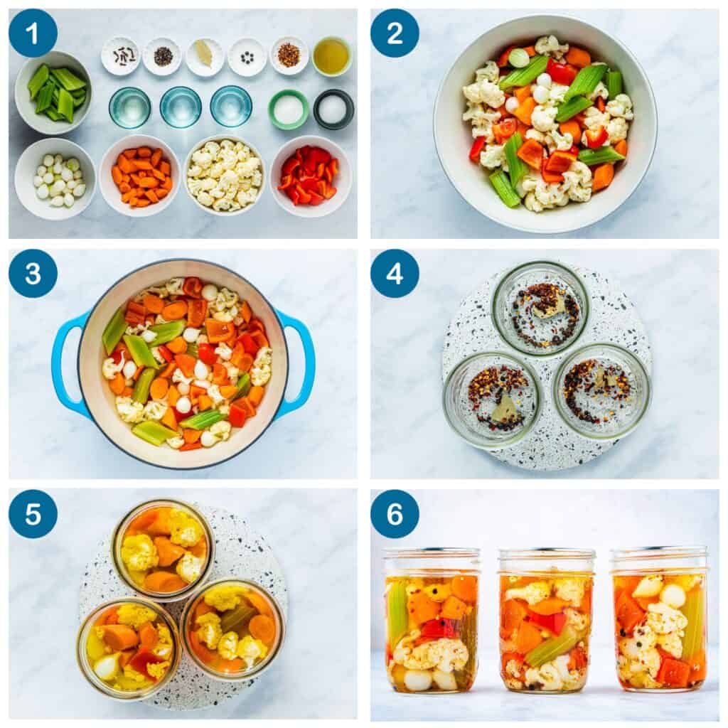 How to make the giardiniera recipe. Step 1: gather the ingredients, Step 2: place the vegetable in a mixing bowl, Step 3: add the vegetable to the pickling liquid, Step 4: ready your seasonings in the jars, Step 5: add the vegetables to the jars, Step 6: place lids on the jars and store in the refrigerator.