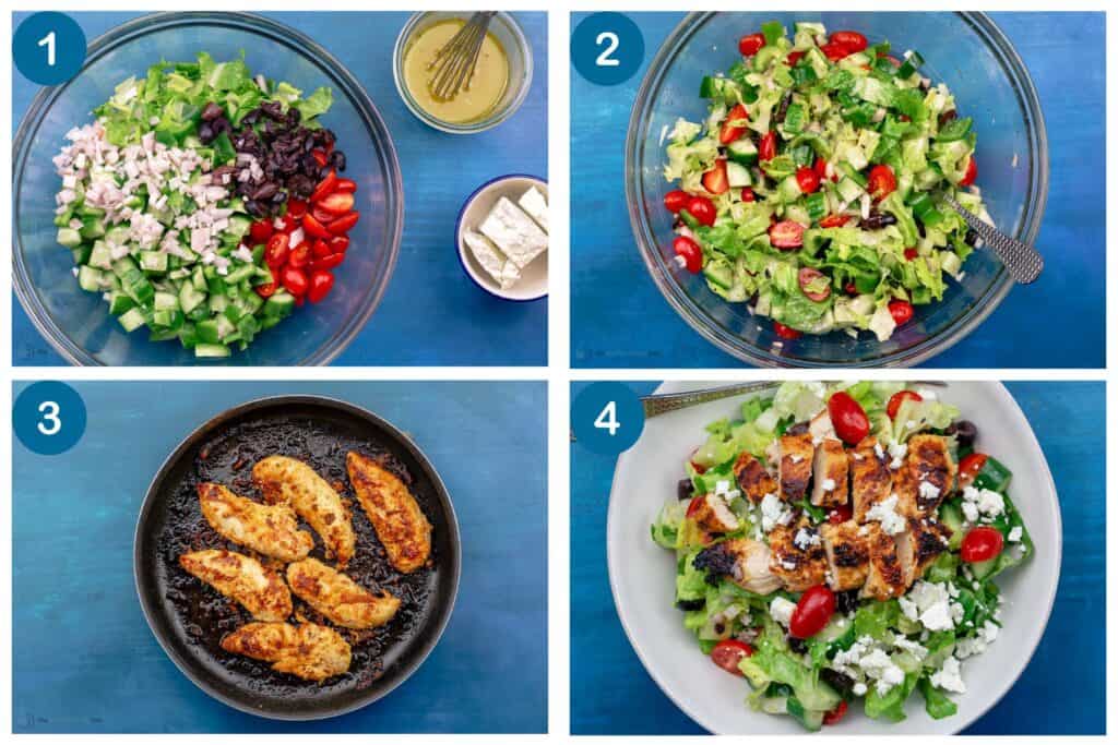 How to make Greek chicken salad. Step 1: make the dressing and add the ingredients for the salad to a bowl, Step 2: mix the salad and the dressing, Step 3: cook the chicken, Step 4: assemble the salad and serve.