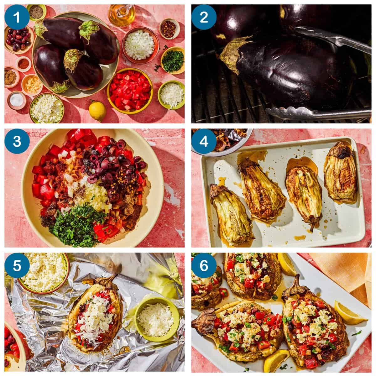 How to make grilled eggplant parcels. Step 1: gather your ingredients, Step 2: char the whole eggplants, Step 3: make the filling, Step 4: peel the eggplant, Step 5: prepare the parcels and grill, Step 6: finish and serve.