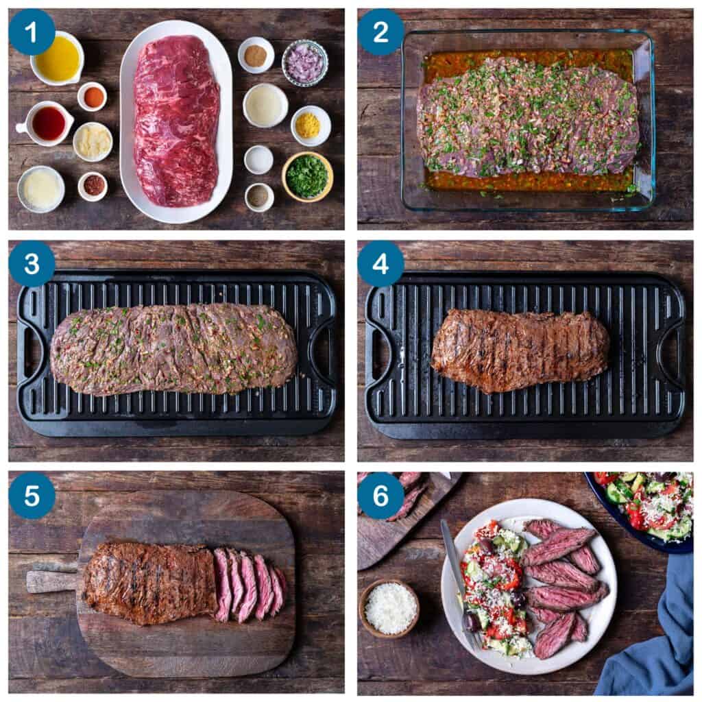How to make grilled skirt steak. Step 1: gather your ingredients, Step 2: marinate the steak, Step 3: place the steak on a grill, Step 4: grill the steak, Step 5: slice the steak, Step 6: finish and serve.