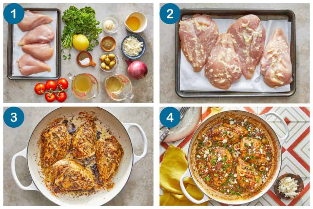 How to make Mediterranean chicken with tomatoes and olives. Step 1: gather your ingredients, Step 2: prep and season the chicken, Step 3: Sear the chicken, Step 4: Braise the chicken, finish and serve.