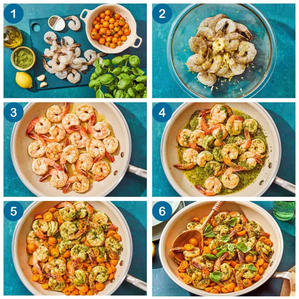 How to make pesto shrimp. Step 1: gather your ingredients, Step 2: marinate the shrimp, Step 3: saute the shrimp, Step 4: stir in the pesto, Step 5: fold in the cherry tomatoes, Step 6: finish and serve.