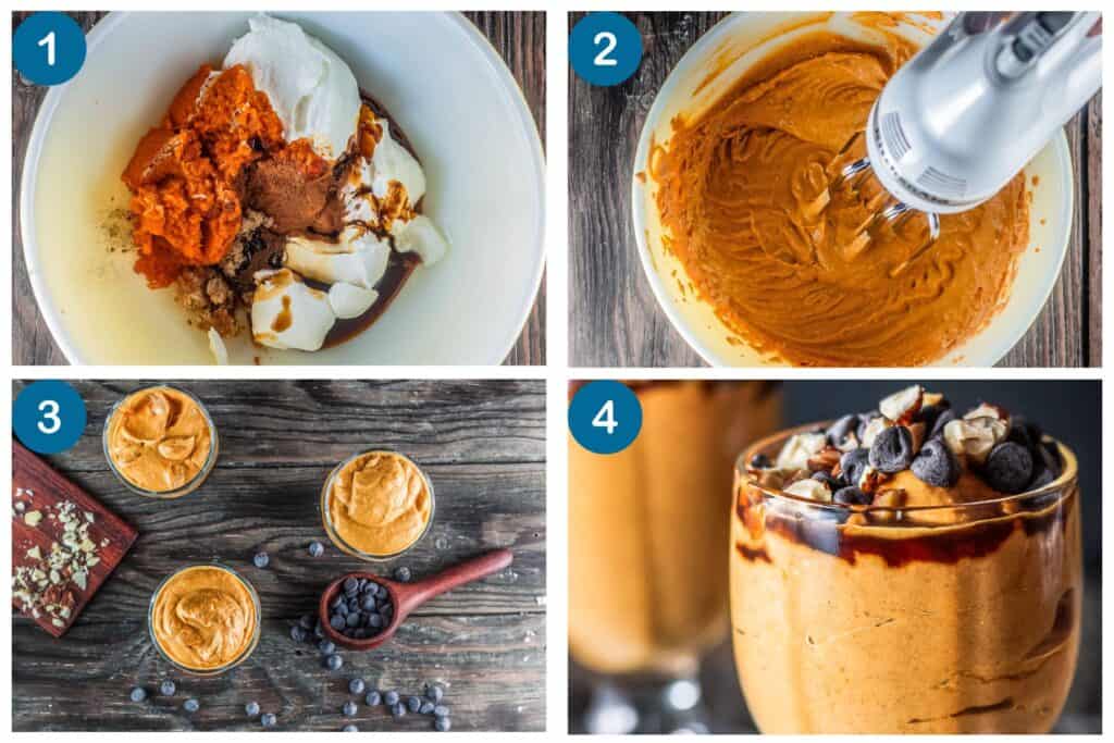 How to make a pumpkin parfait. Step 1: add the ingredients to a bowl, Step 2: blend with a hand mixer, Step 3: place the parfaits in bowls, Step 4: add toppings and serve.