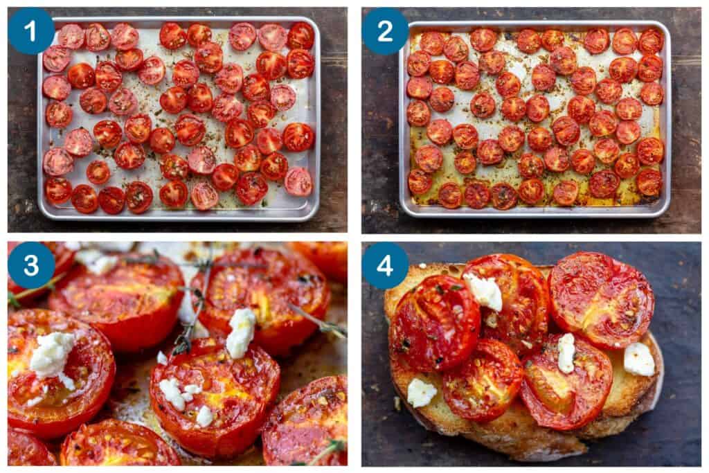 Four-step collage showing seasoned Campari tomatoes before roasting, after roasting, and finished with thyme and feta.