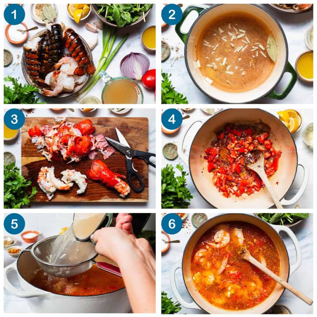 How to make seafood stew. Step 1: gather the ingredients, Step 2: make the poaching liquid, Step 3: peel the poached lobster, Step 4: sautee the aromatics, Step 5: finish the broth and strain, Step 6: cook the shrimp and finish the stew.
