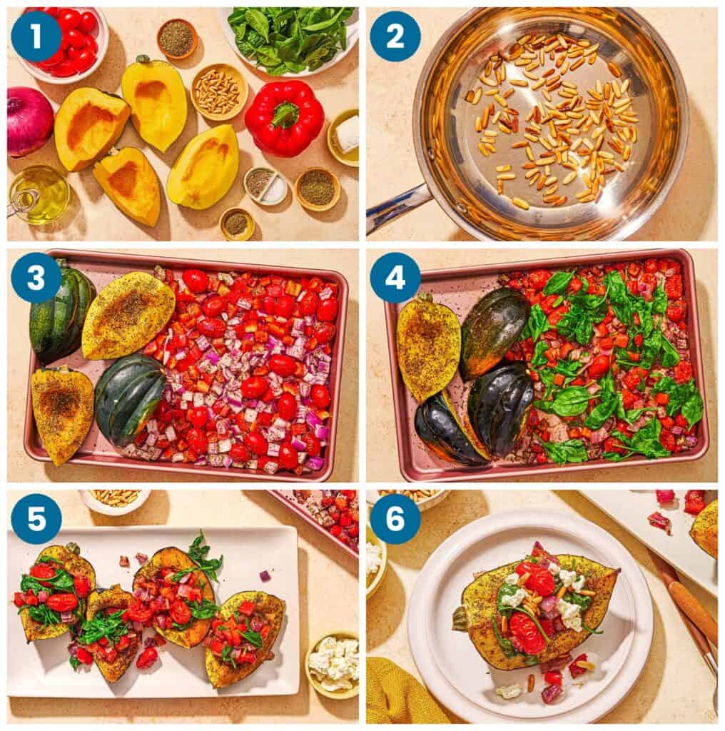 Six steps for making stuffed acorn squash: gather the ingredients, toast the pine nuts, season and roast the squash and vegetables, wilt the spinach, and finish with goat cheese.