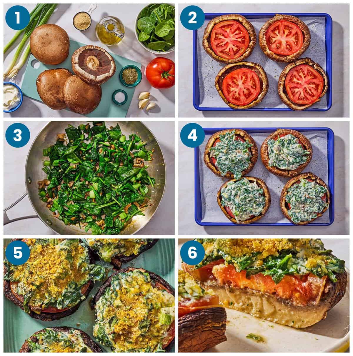 How to make stuffed portobello mushrooms. Step 1: gather your ingredients, Step 2: add tomato slices to each mushroom cap, Step 3: sauté the vegetables, Step 4: stuff the portobello mushrooms, Step 5: bake, Step 6: serve.