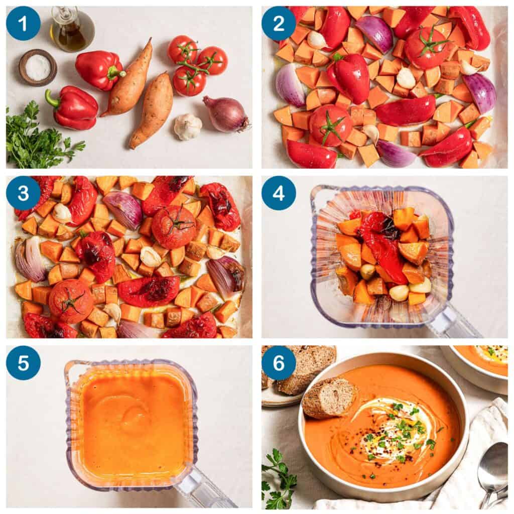 How to make sweet potato soup. Step 1: gather your ingredients, Step 2: chop the vegetables and place them on a parchment lined pan, Step 3: roast the vegetables, Step 4: place the vegetables in a blender, Step 5: blend the vegetables, Step 6: finish and serve.