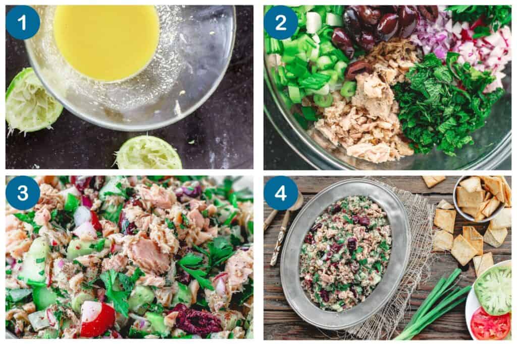 Step-by-step collage showing how to make Mediterranean tuna salad with lemon dressing, fresh vegetables, herbs, and olives.