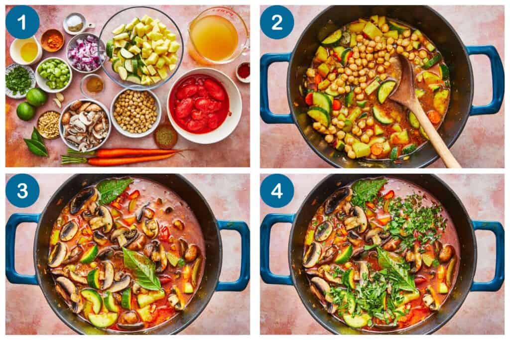How to make vegetable soup. Step 1: gather your ingredients, Step 2: cook the vegetables in a pot, Step 3: add the cooked mushrooms and simmer until warmed through, Step 4: add the finishing touches, stir and serve.