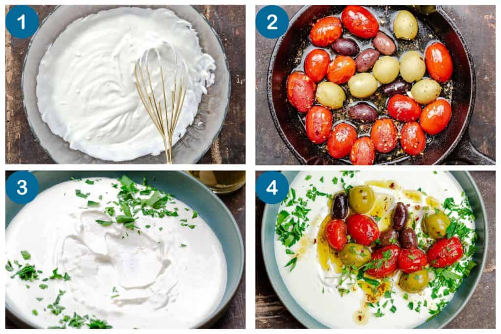How to make labneh dip, Step 1: whip the labneh, Step 2: make the warmed olive oil, tomatoes and olive sauce, Step 3: assemble the labneh dip, Step 4: top with the warmed olive sauce and serve.