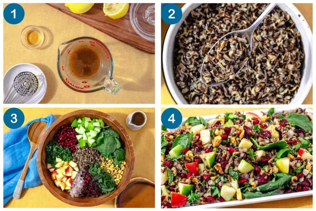 How to make wild rice salad. Step 1: make the dressing, Step 2: cook the wild rice, Step 3: mix the salad, Step 4: dress the salad and let it rest before serving.