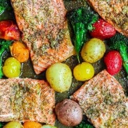 Za'atar salmon in a baking pan.