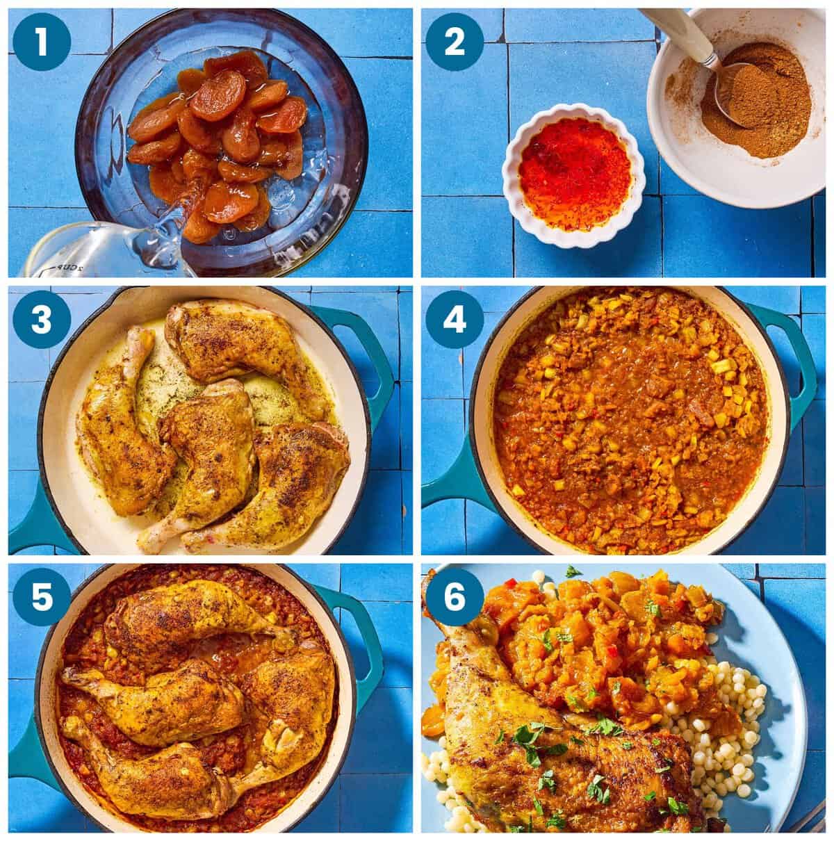 How to make apricot chicken. Step 1: plump the dried apricots, Step 2: bloom the saffron and make the spice blend, Step 3: season and sear the chickens, Step 4: make the apricot sauce, Step 5: bake the chicken with the apricot sauce, Step 6: finish and serve.