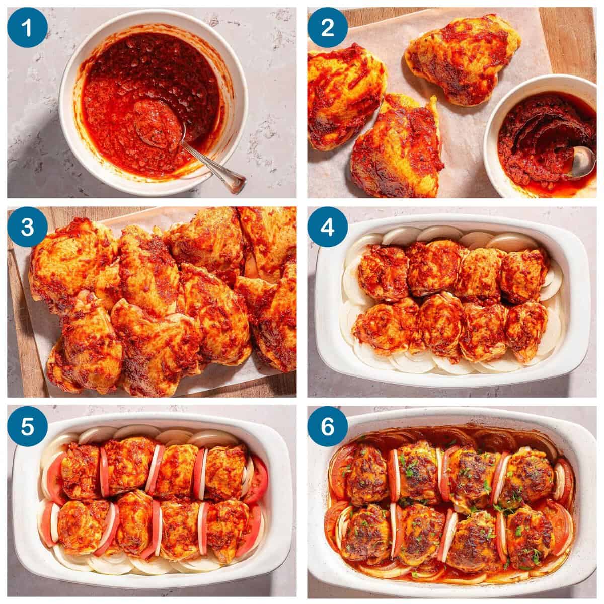 How to make baked chicken thighs. Step 1: make the spiced tomato rub, Steps 2 and 3: add the rub to the chicken, Step 4: add the onions and chicken to the baking dish, Step 5: tuck more onions and tomato slices in between the chicken thighs, Step 6: bake and serve.