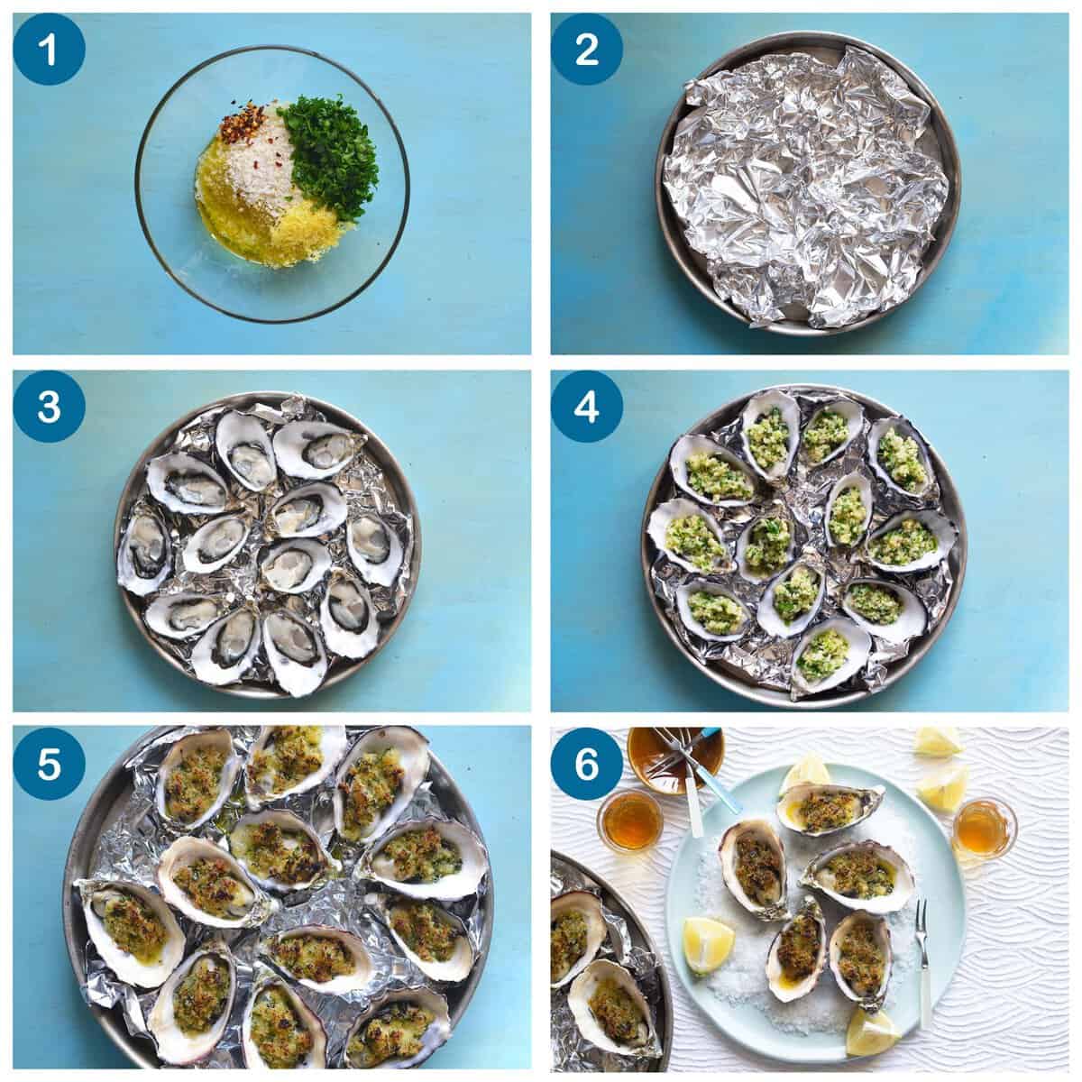 How to make baked oysters. Step 1: make the filling, Step 2: line a sheet baking pan with foil, Step 3: place the oysters in the baking pan, Step 4: fill the oysters, Step 5: broil the oysters, Step 6: finish and serve.