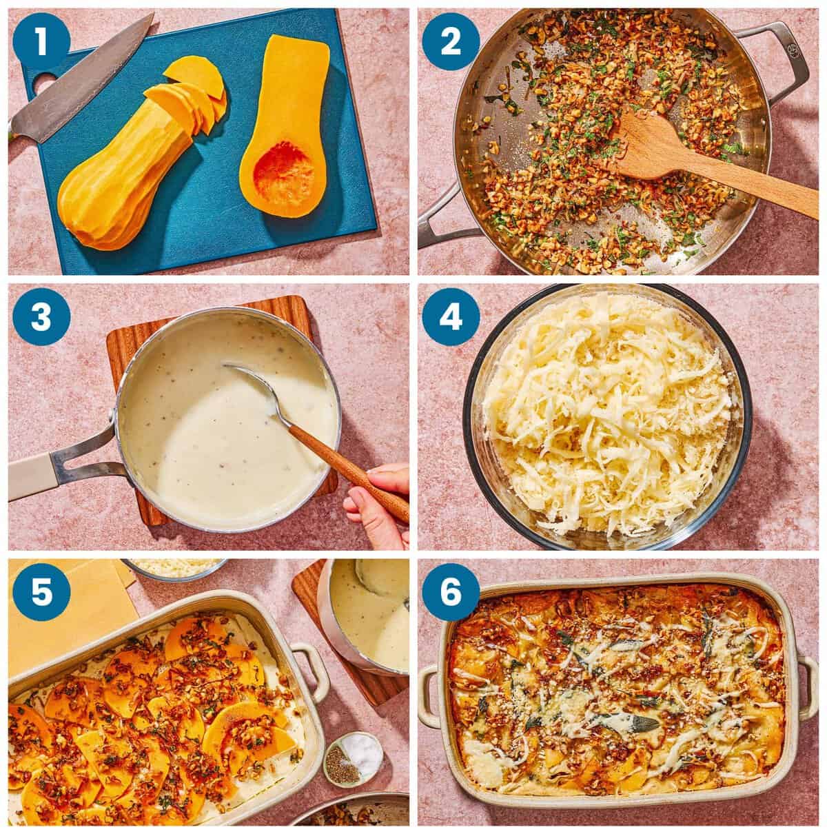 How to make butternut squash lasagna. Step 1: prep and slice the squash, Step 2: sauté the aromatics, Step 3: make the garlic béchamel sauce, Step 4: mix the cheeses, Step 5: assemble the lasagna, Step 6: bake and serve.