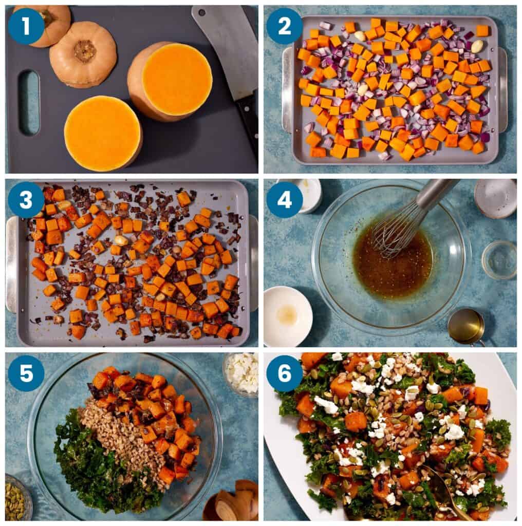 How to make butternut squash salad. Step 1: prepare the squash, Step 2: place the cut vegetables on a sheet pan, Step 3: roast the vegetables, Step 4: make the dressing, Step 5: add the vegetables, farro, kale and dressing to a bowl, Step 6: mix and assemble the salad then place on a platter and serve.