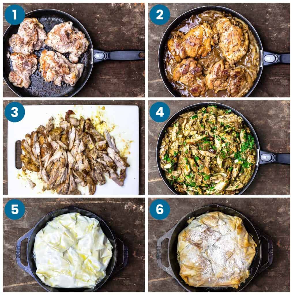 How to make chicken pastilla. Step 1: sear the chicken, Step 2: add the onion, garlic and seasonings to the chicken and cook, Step 3: remove the chicken and slice, Step 4: return the chicken to the pan with the rest of the ingredients, Step 5: wrap the chicken mixture in phyllo, Step 6: bake and serve.