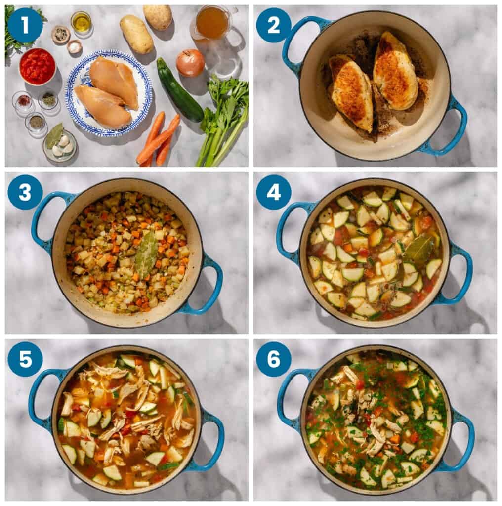 How to make chicken vegetable soup. Step 1: gather your ingredients, Step 2: cook the chicken, Step 3: cook the vegetables, Step 4: the the tomatoes, zucchini and broth and simmer, Step 5: shred the chicken and add to the soup, Step 6: finish and serve.