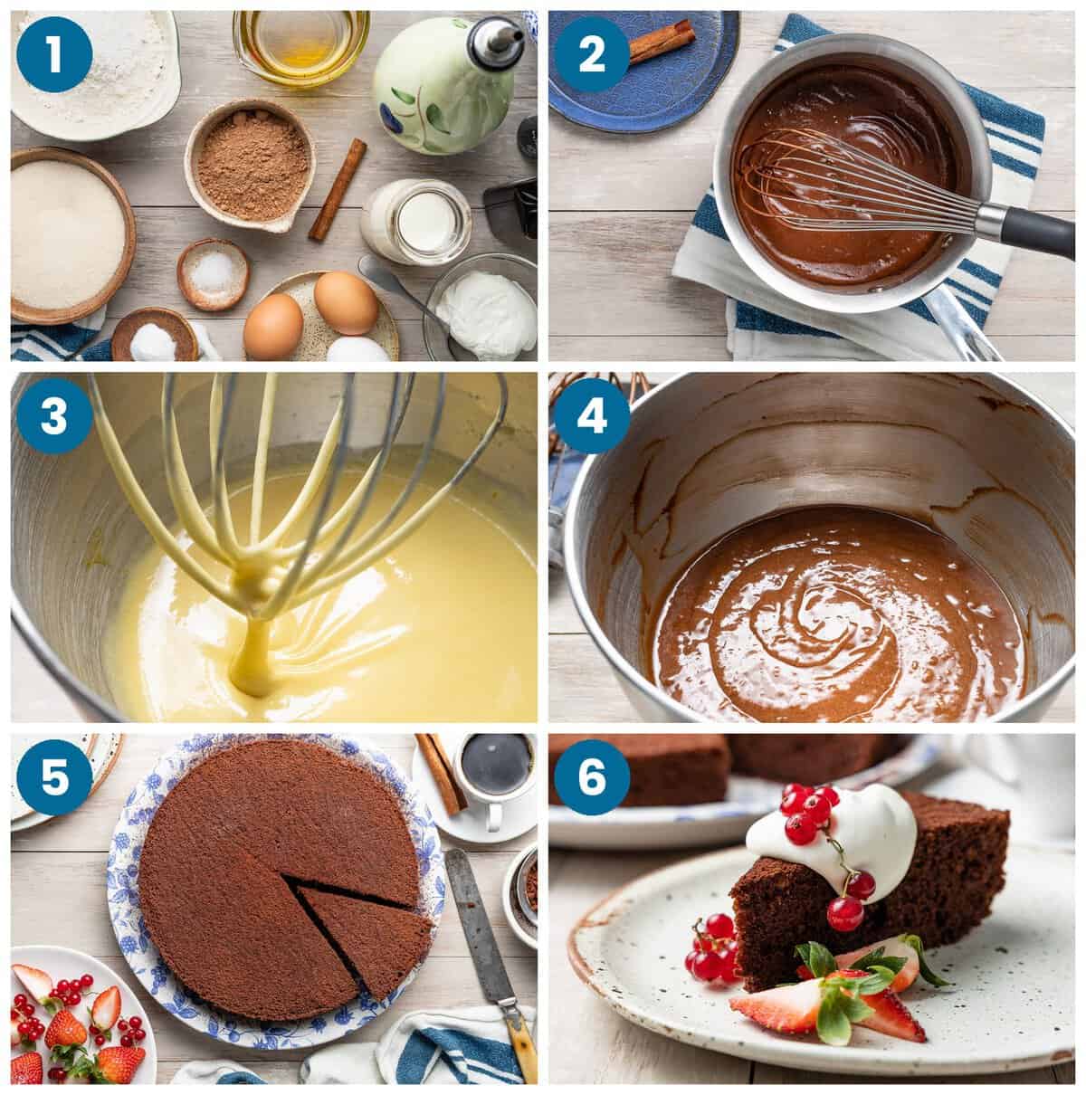 How to make chocolate olive oil cake. Step 1: gather your ingredients, Step 2: combine the water, chocolate and cinnamon and simmer, Step 3: beat the eggs oil and extracts together, Step 4: combine the cocoa and egg mixtures, Step 5: bake and cool, Step 6: slice, top as desired and serve.