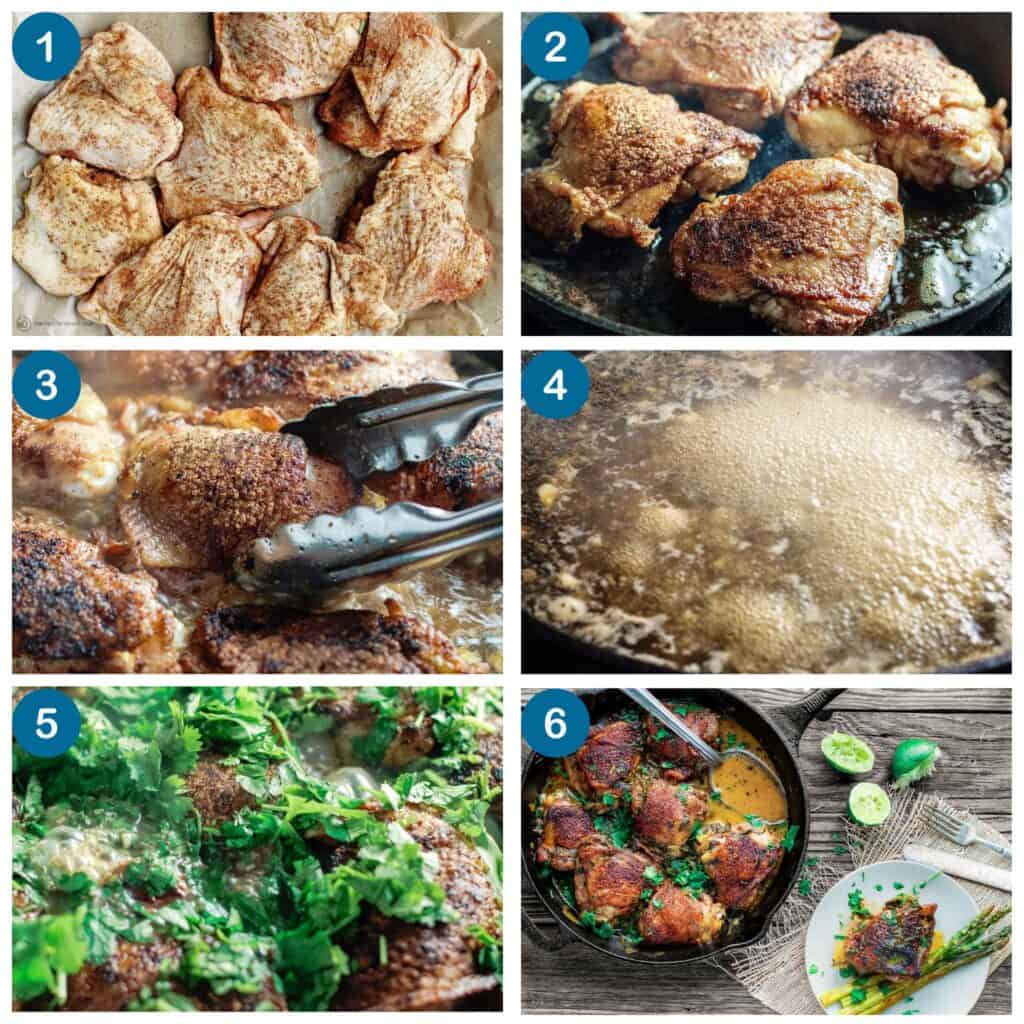 How to make cilantro lime chicken. Step 1: season the chicken, Step 2: sear the chicken, Step 3: flip and sear on the other side, Step 4: deglaze the pan, Step 5: simmer the chicken in the sauce, Step 6: finish and serve.