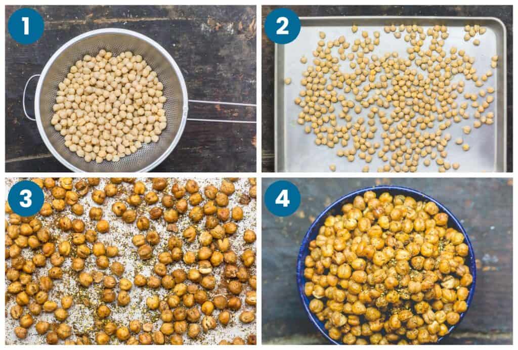 How to make roasted chickpeas. Step 1: drain and dry the chickpeas, Step 2: place the chickpeas on a sheet pan, Step 3: roast the chickpeas, Step 4: finish and serve.