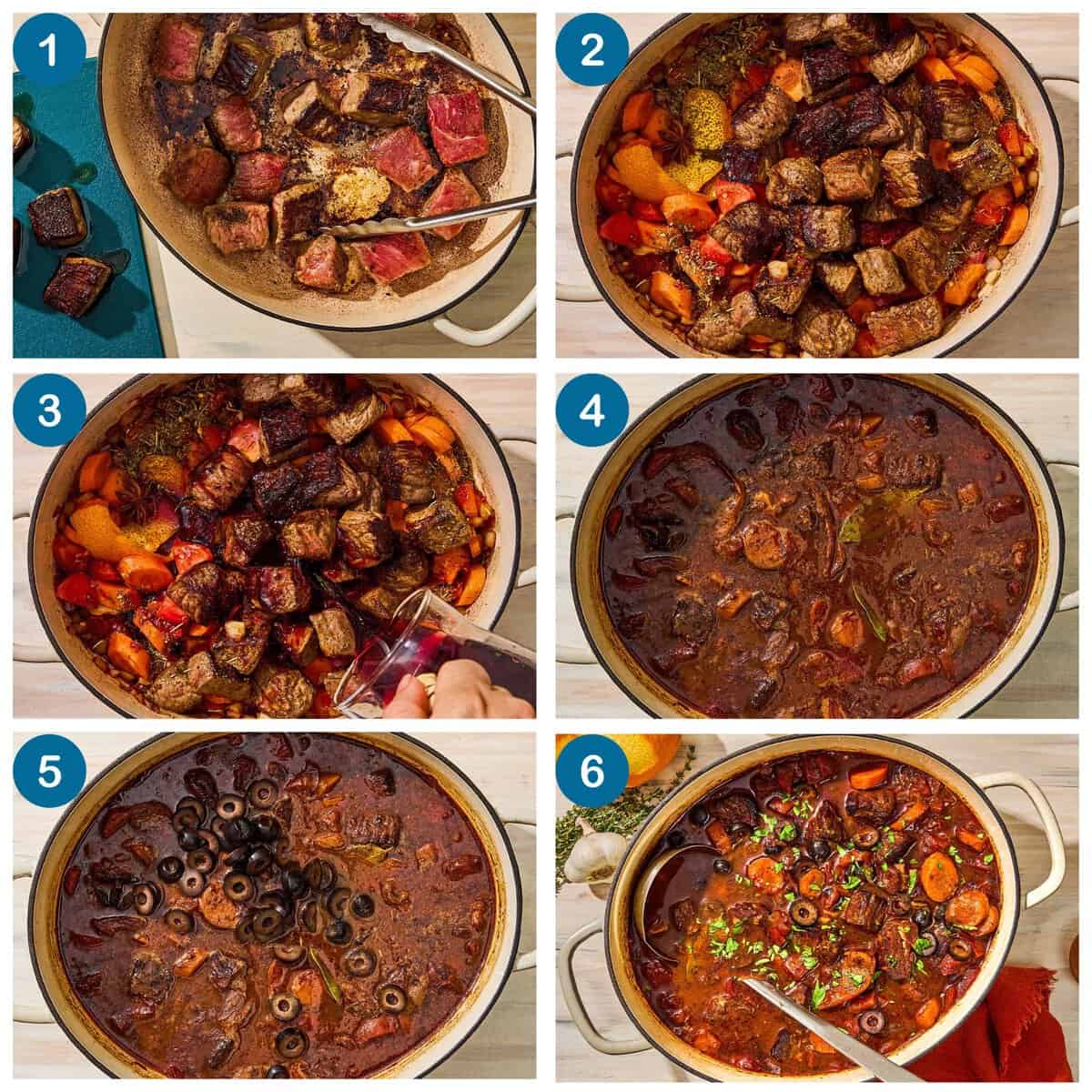 How to make daube provencale. Step 1: brown the beef in batches, Step 2: sauté the aromatics and veggies, Step 3: deglaze the pan, Step 4: simmer, Step 5: add the remaining ingredients, Step 6: finish and serve.