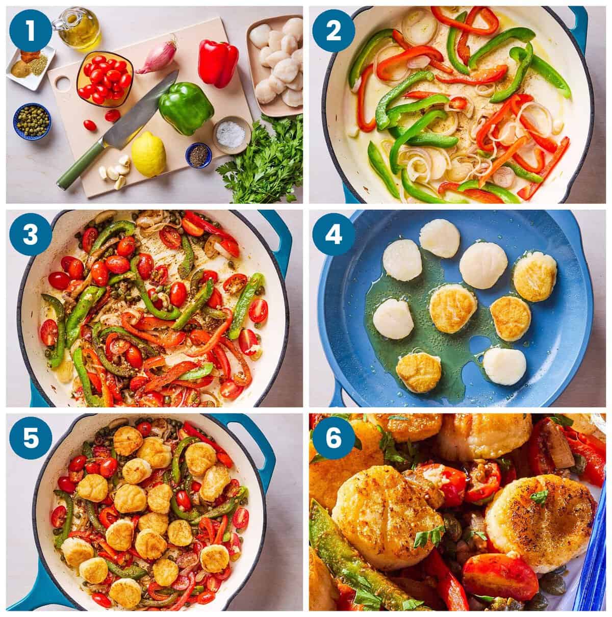 How to make Mediterranean sautéed scallops. Step 1: gather your ingredients, Step 2: sauté the shallot and peppers, Step 3: add the garlic, tomatoes, capers and spices, Step 4: sauté the scallops, Step 5: add the scallops to the vegetables, Step 6: finish and serve.