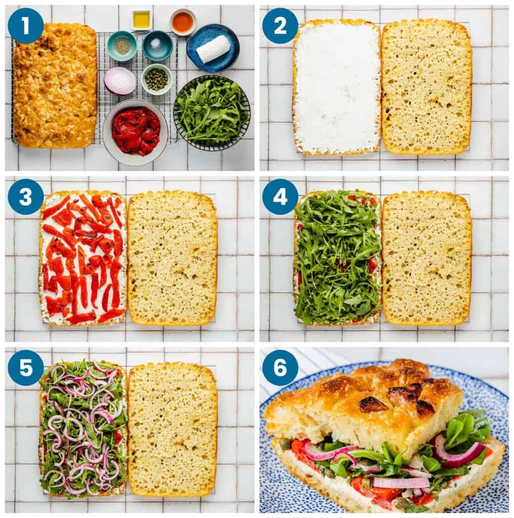 How to make a focaccia sandwich. Step 1: gather your ingredients, Step 2: slice and warm the bread and spread the cheese, Step 3: add the roasted red peppers, Step 4: add the arugula, Step 5: add the onions, Step 6: slice into individual servings and serve.