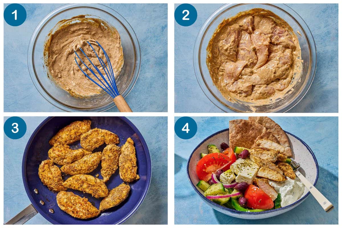 How to make gyro bowls. Step 1: make the marinade, Step 2: marinade the chicken, Step 3: cook the chicken, Step 4: assemble the bowls and serve.