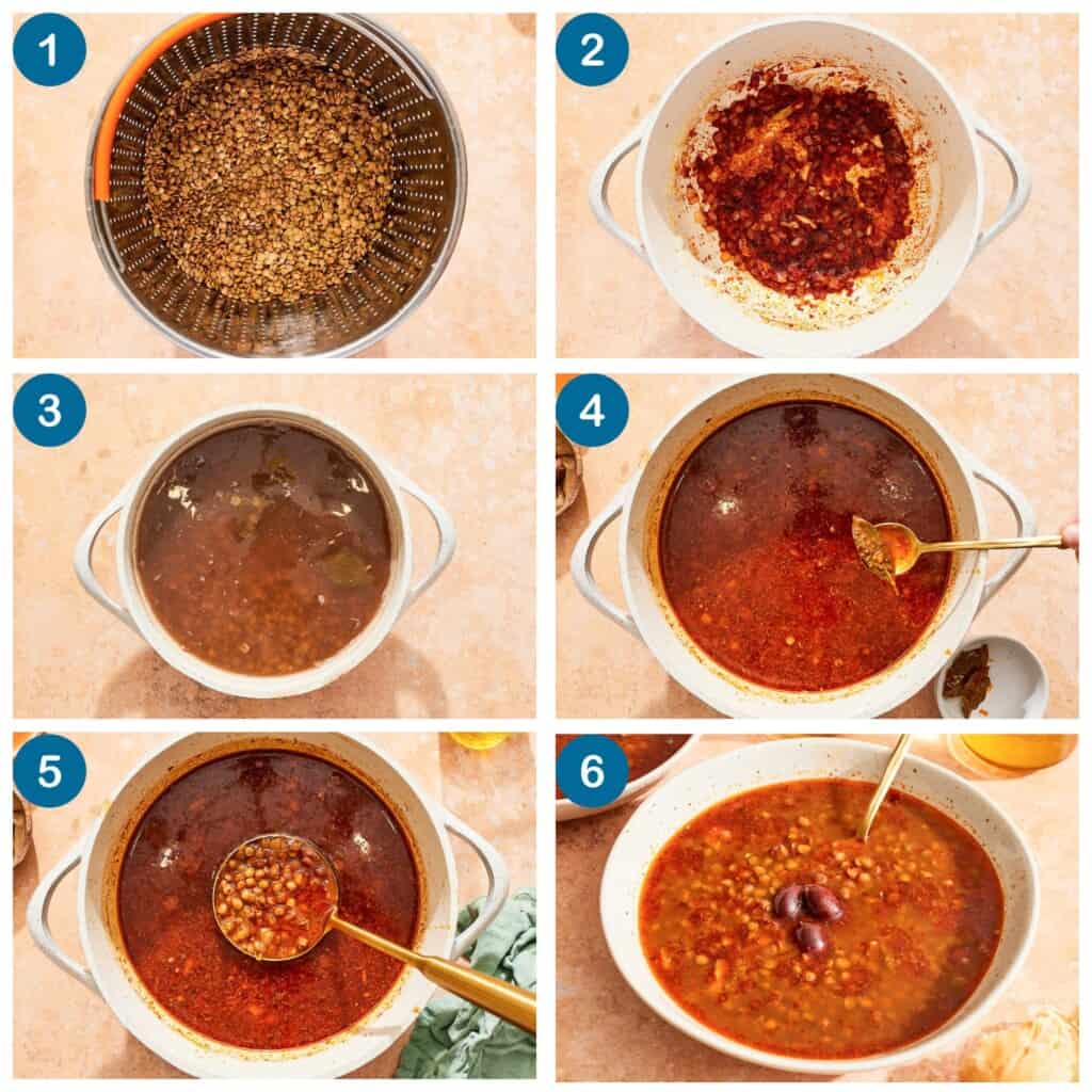 How to make Greek lentil soup. Step 1: rinse and drain the lentils, Step 2: Sauté the aromatics with the spices and tomato paste, Step 3: cook the lentils, Step 4: combine the soup in a pot, simmer, then remove the bay leaves, Step 5: finish the soup, Step 6: pour into bowls, top with Kalamata olives and drizzles of olive oil and red wine vinegar and serve.