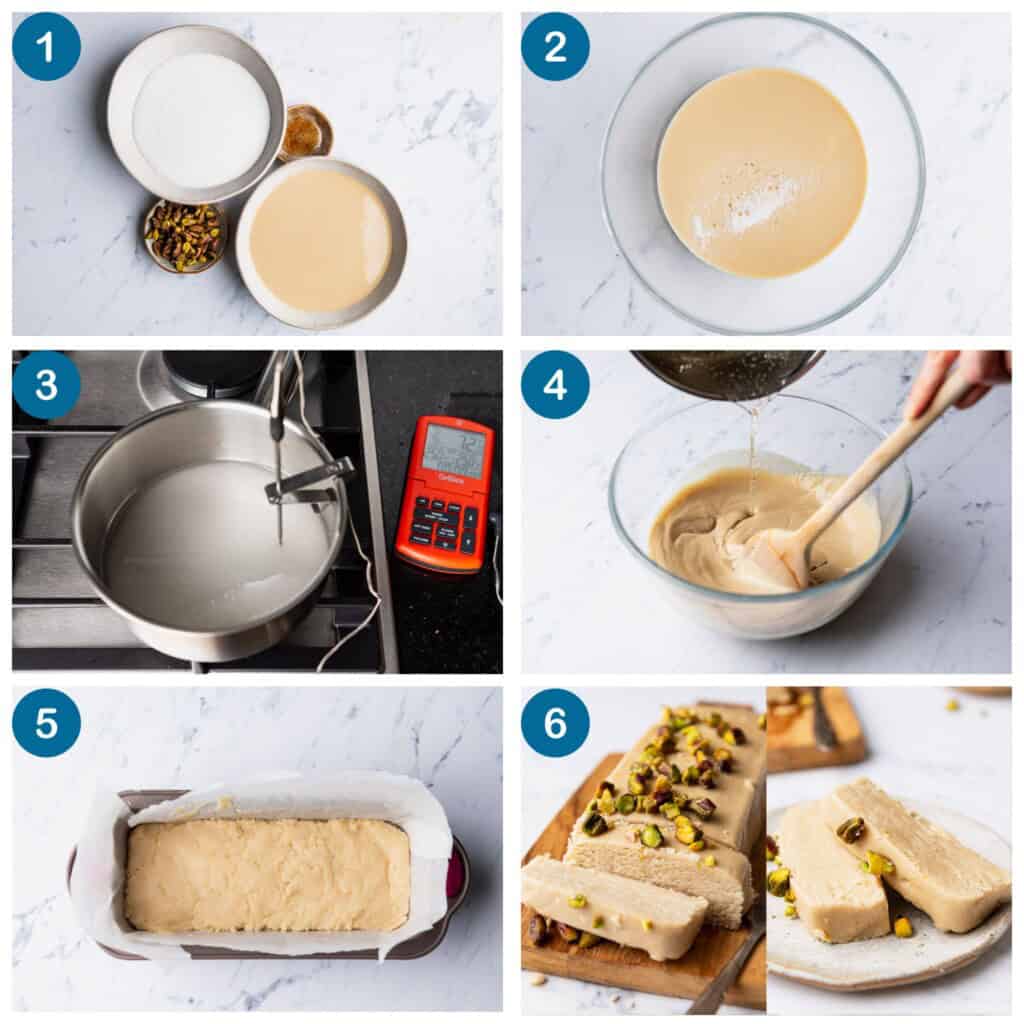 How to make halva. Step 1: gather your ingredients, Step 2: season the tahini, Step 3: make the sugar syrup, Step 4: mix the halva, Step 5: mold the halva, Step 6: finish, slice and serve.