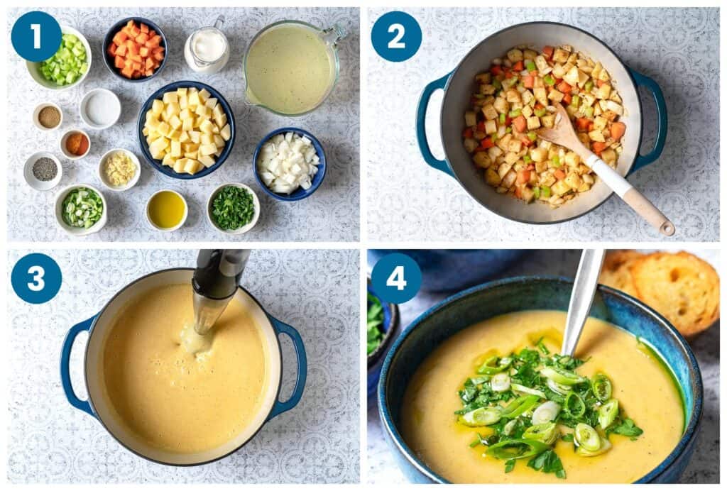 How to make healthy potato soup: gather the ingredients, sauté the vegetables, simmer with broth, then add milk, blend, and garnish.
