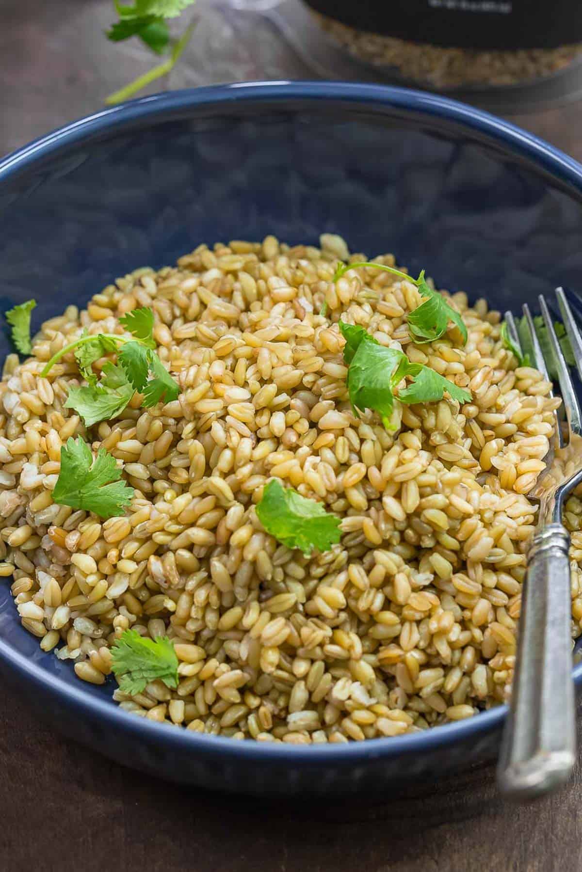 Bowl of cooked freekeh garnished with chopped parsley