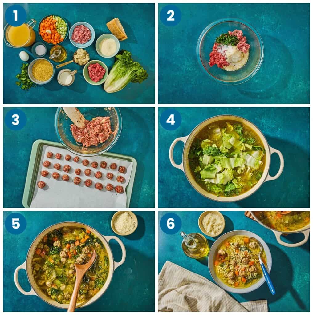 How to make Italian meatball soup. Step 1: gather your ingredients, Step 2: combine the meatball ingredients in a bowl, Step 3: form the meatballs, Step 4: add all of the soup ingredients to a pot, Step 5: stir and cooks the soup, Step 6: finish and serve the soup in bowls.